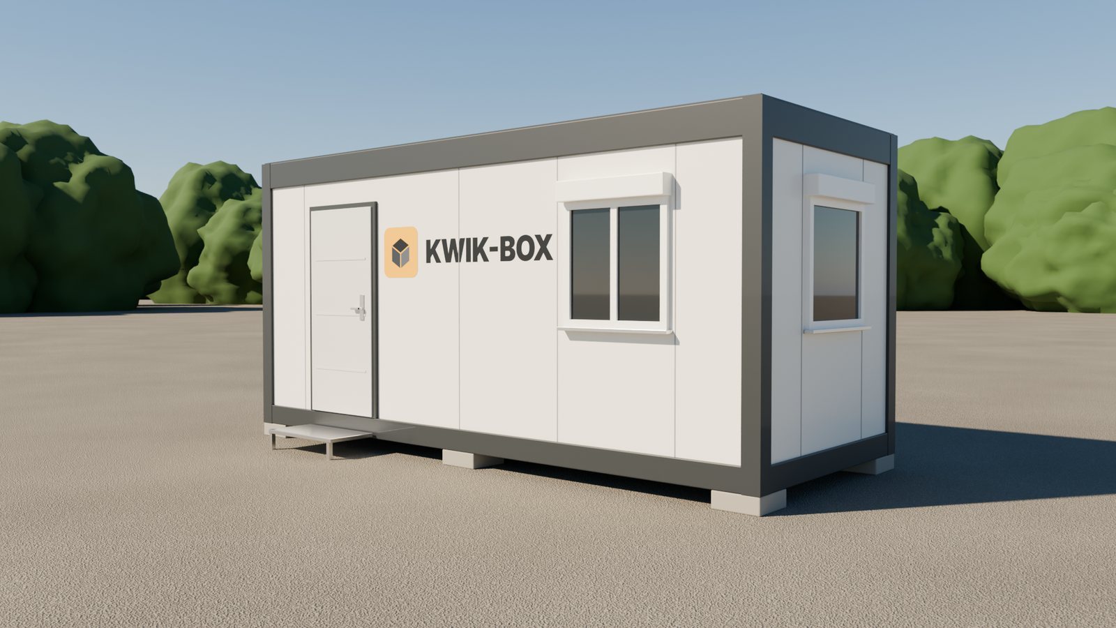 Container birou Kwik-Box de 6 × 2,4 m, alb cu ramă antracit, cu ușă și ferestre termopan